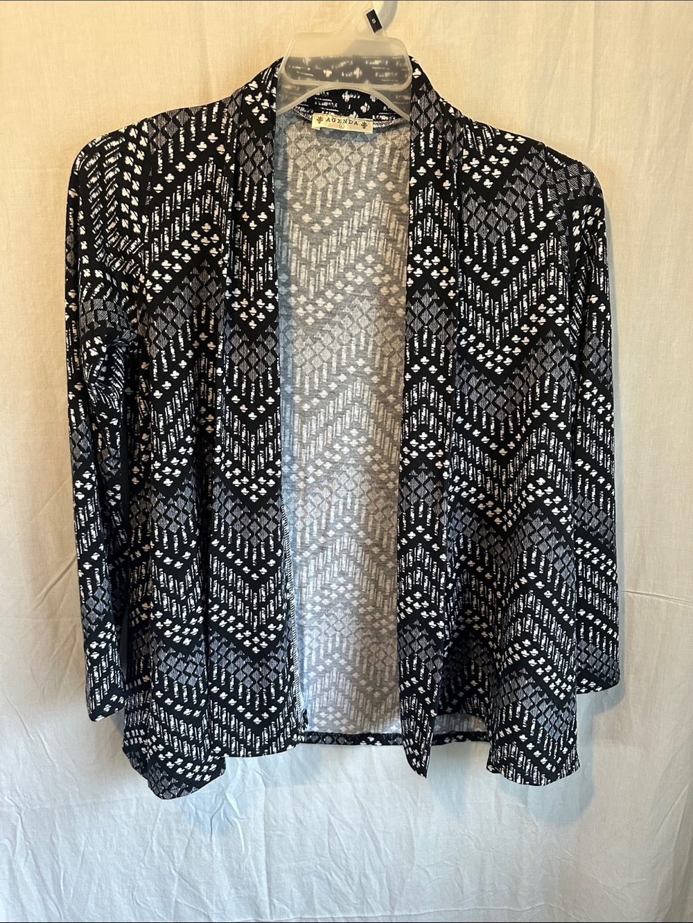Agenda Black and White Open Front Patterned Women's Cardigan